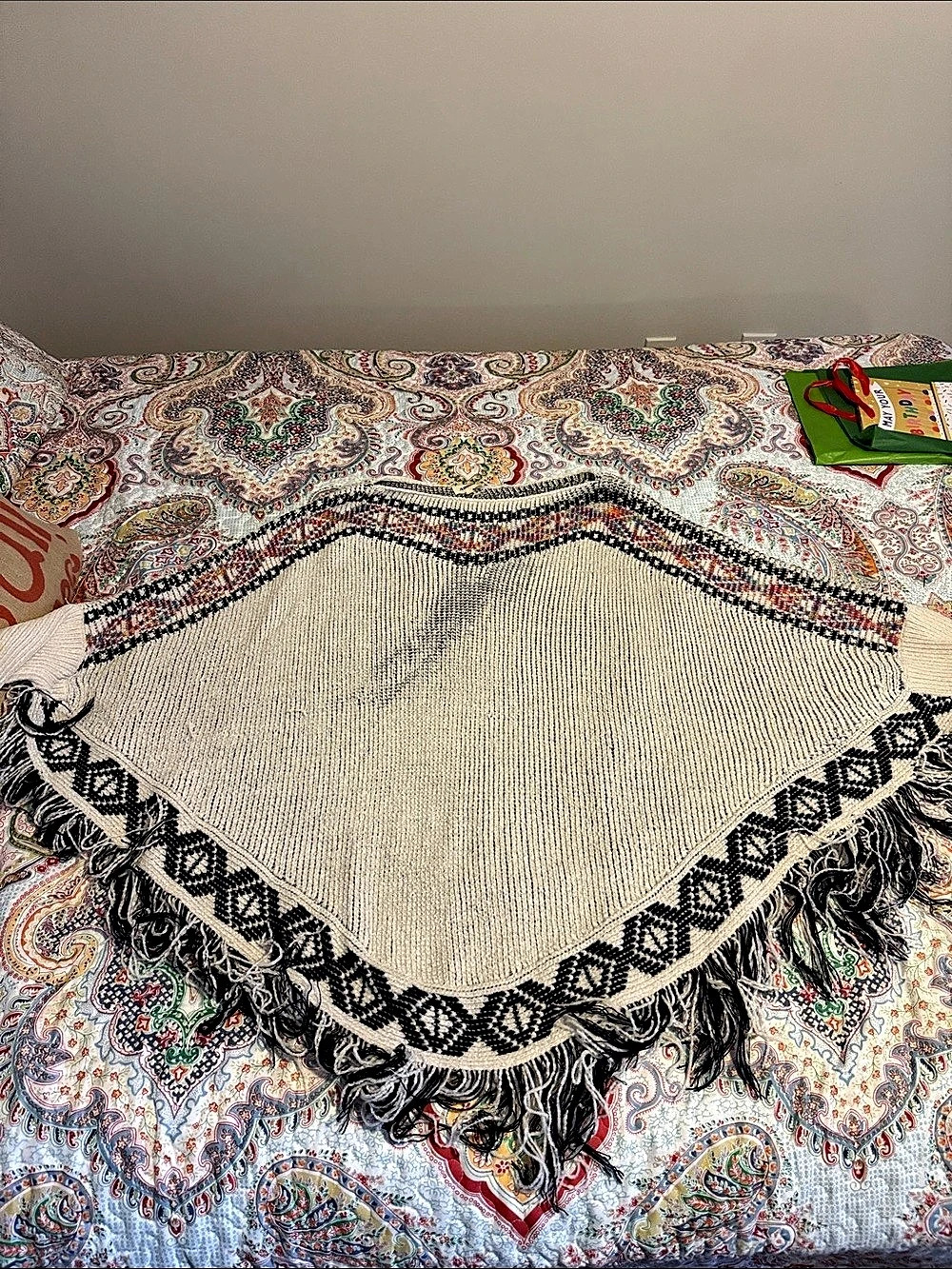 Adora Cream & Black Geometric Fringed poncho